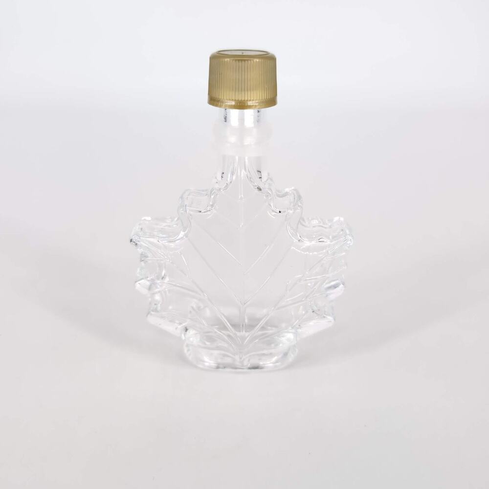 Maple Leaf Shape Empty Clear Glass Syrup Bottle w/Top Cap Lid Front Embossed Jar